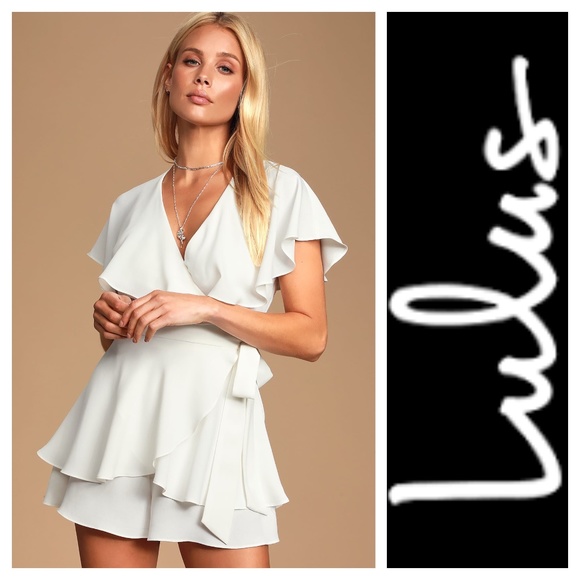 Lulu's Aldrin White Ruffled Backless Wrap Skort Romper - Picture 1 of 6